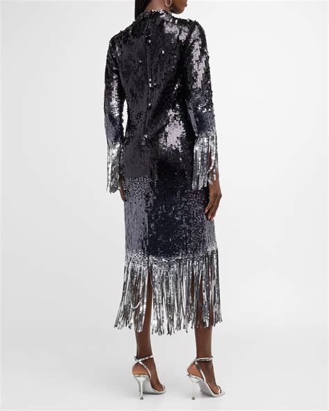 Simkhai Talya Mock Neck Ombr Sequin Fringe Midi Dress Neiman Marcus