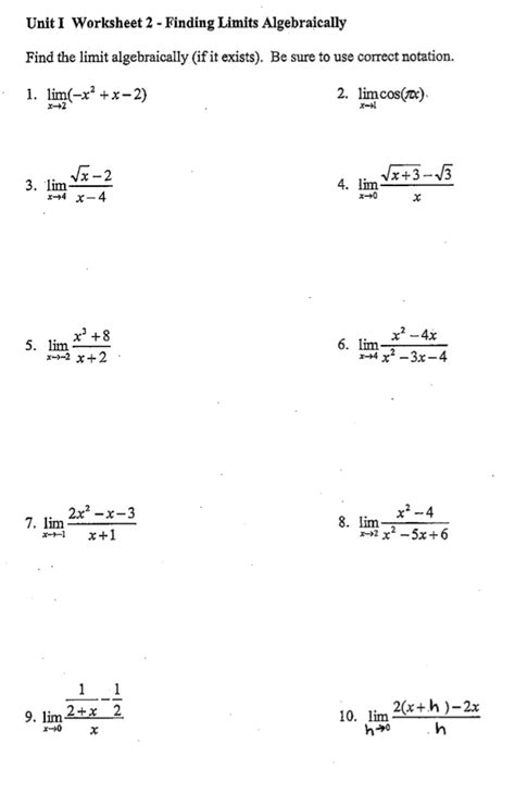 Solved Unit I Worksheet 2 Finding Limits Algebraically