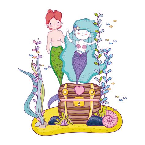 Premium Vector Couple Mermaids With Treasure Chest Undersea