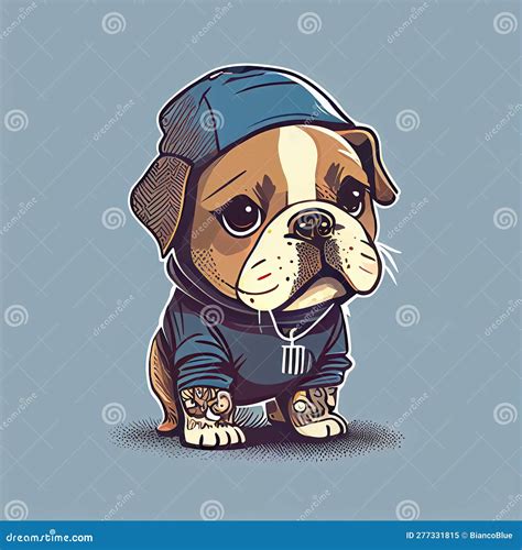 Cute Bulldog Comic Wearing A Beanie With Sweater And Hut Stock