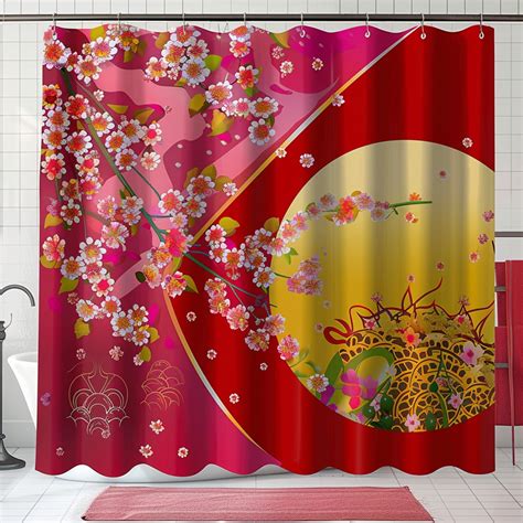 Japanese Cherry Blossom Shower Curtain Set Pink And Yellow Floral