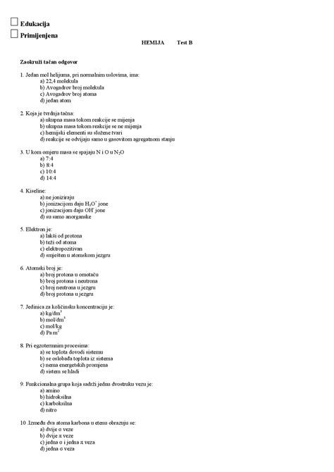 Test B Iz Hemije Pitanja I Odgovori Prirodno Matematički Fakultet