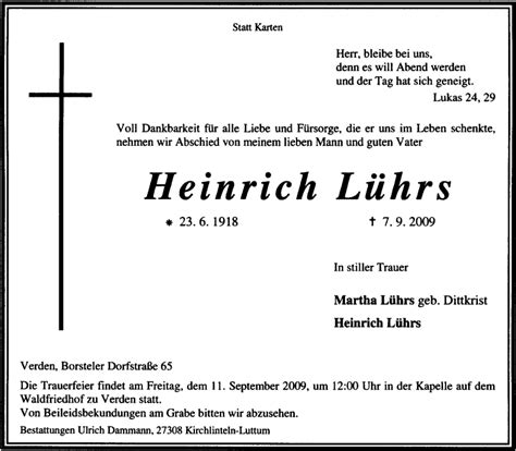 Traueranzeigen von Heinrich Lührs trauer kreiszeitung de