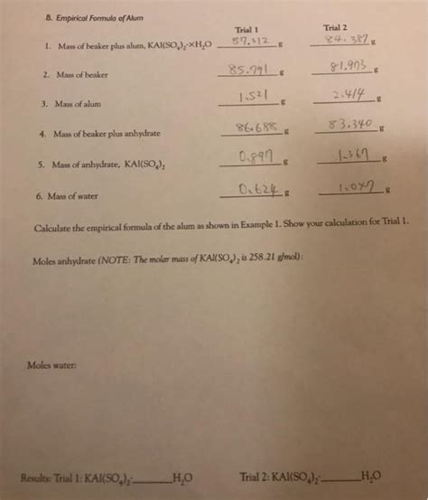 Solved 8 Empirical Formula Of Alum Trial 1 5 7 312 Trial 2 Chegg