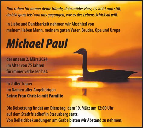 Traueranzeigen Von Michael Paul M Rkische Onlinezeitung Trauerportal