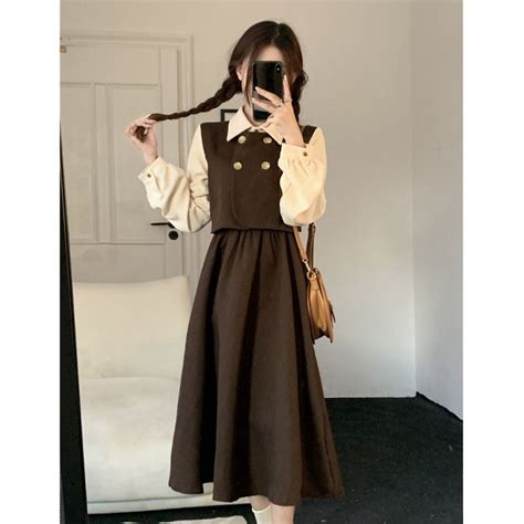 Jual Vintage Palsu Dua Potong Gaun Khaki Lengan Panjang Maxi Dress