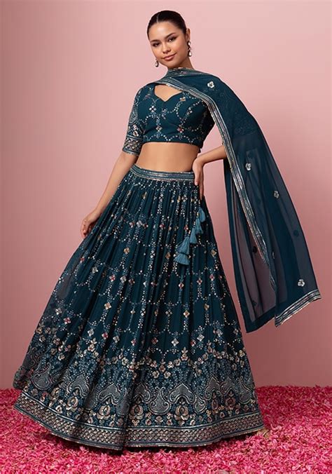 Buy Women Teal Tonal Sequin Embroidered Lehenga Set With Blouse And