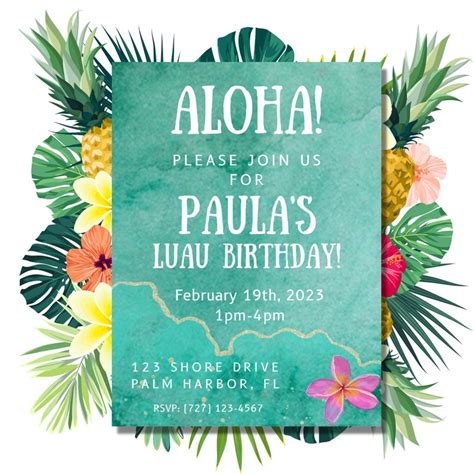 Editable Hawaiian Luau Birthday Invitation Tropical Pool Party Luau Party Hawaiian Birthday