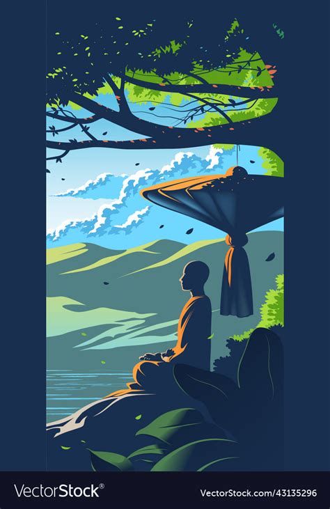 A Theravada Monk Meditating Under The Tree Vector Image