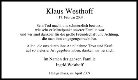 Traueranzeigen Von Klaus Westhoff Trauer In Nrw De