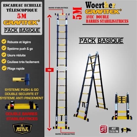 Echelle escabeau télescopique 5M double barres stablisatrices Gamme