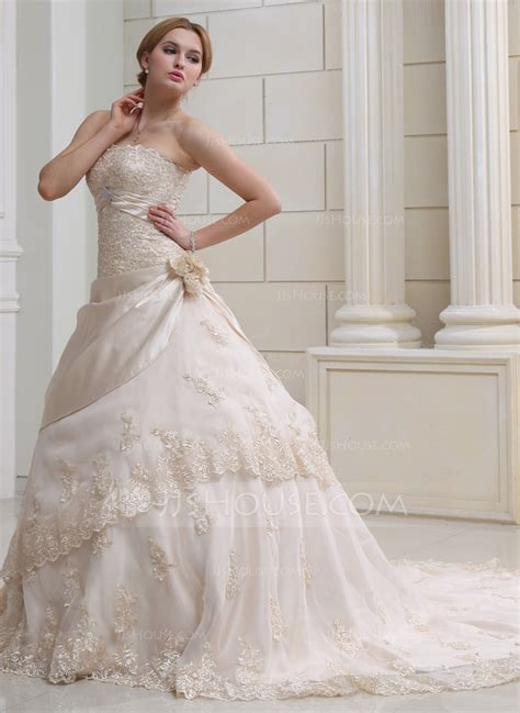 Ball Gown Strapless Chapel Train Satin Organza Wedding Dress With