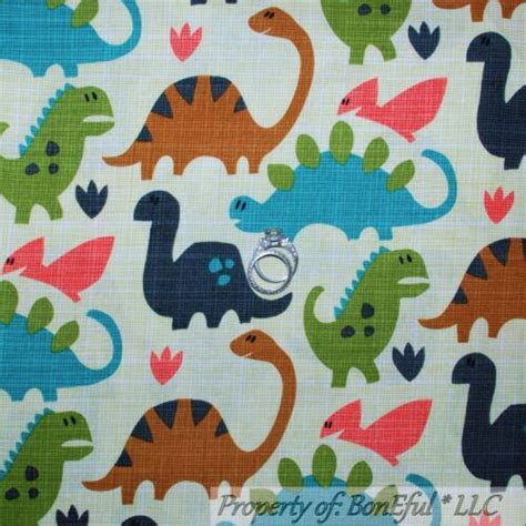 BonEful Fabric FQ Cotton Quilt VTG Green Blue Dinosaur Tweed Pattern