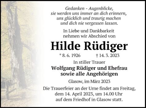 Traueranzeigen von Hilde Rüdiger Trauer Nordkurier