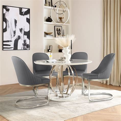 Savoy Round Dining Table Riva Chairs White Marble Effect Chrome