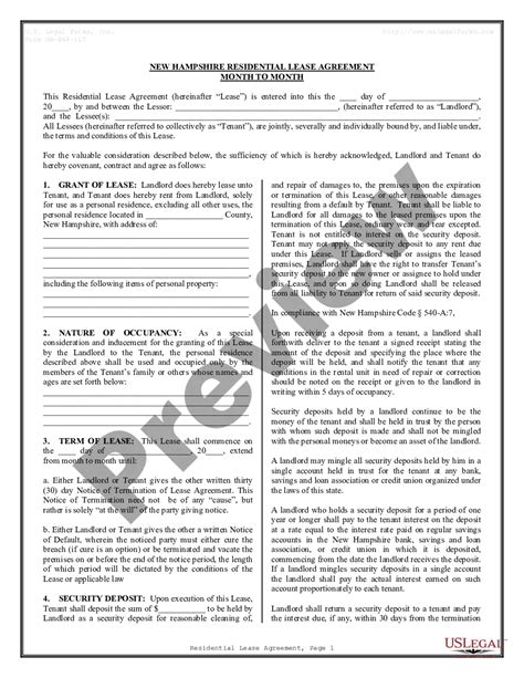 New Hampshire Residential Lease Or Rental Agreement For Month To Month