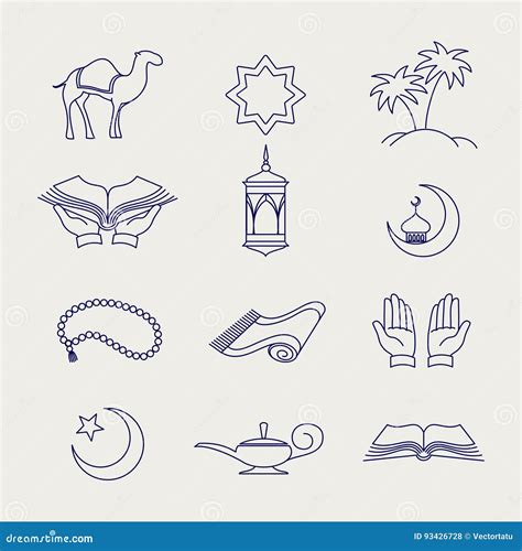 Muslim Line Vector Icons And Signs Islam Qur An Mosque Prayer