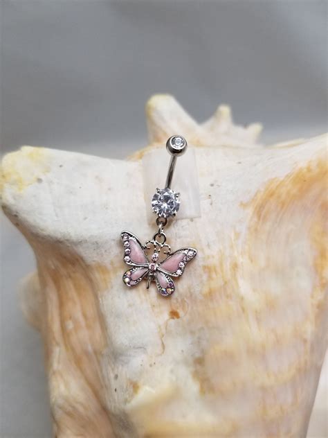 14G Pink Butterfly Dangle Stainless Steel Clear CZ Belly Ring Etsy