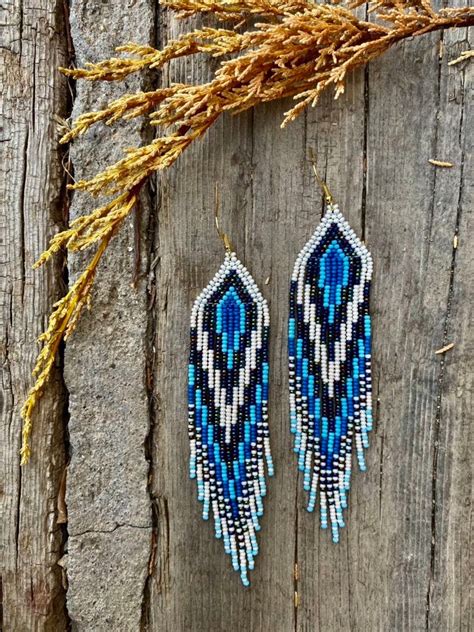 Bright Blue Beaded Earrings Seed Bead Earrings Long Earrings Etsy