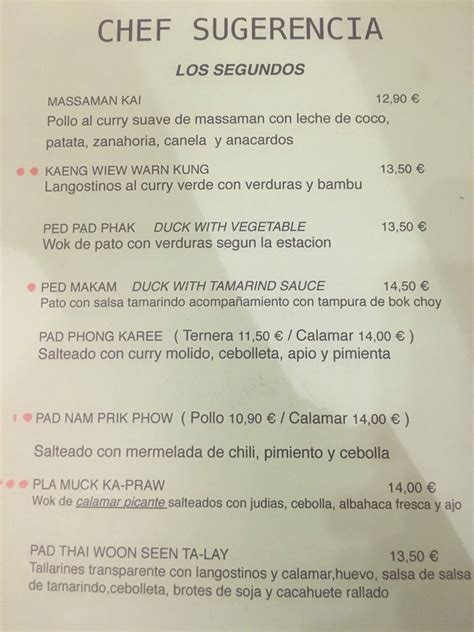 Menu at Bangkok Cafe, Barcelona