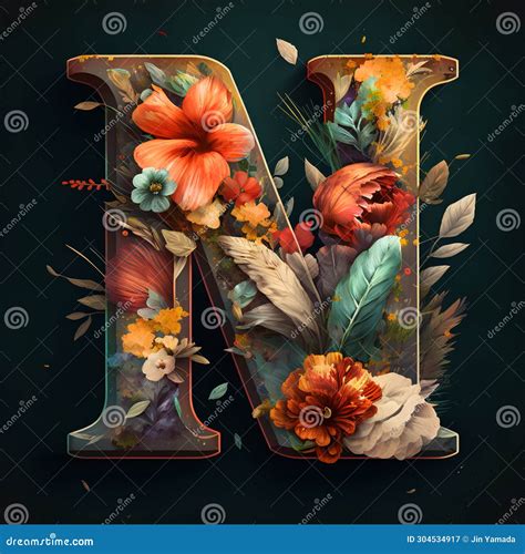 Floral Capital Letter K With Flowers Leaves And Feathers On Dark