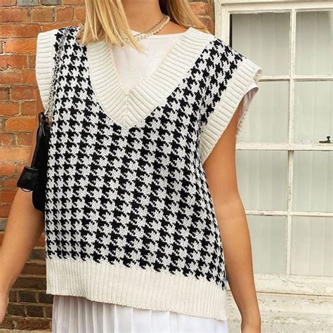 Darlingaga Streetwear V Neck Houndstooth Knitted Sweater Vest