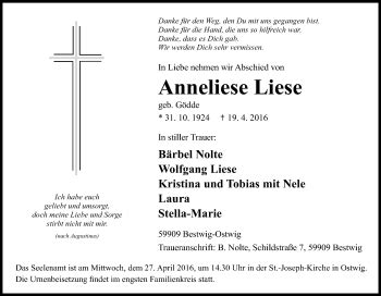 Traueranzeigen Von Anneliese Liese Trauer In Nrw De