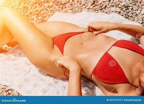 Happy Woman Taking Red Bikini Off On Beach For Tan Lady Stripping
