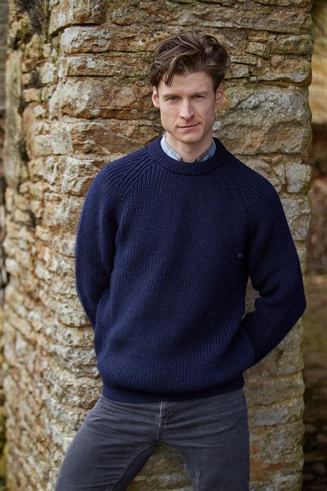 Mens Irish Wool Sweater Fishermans Jumper Rib Crew Neck Ribbed Style
