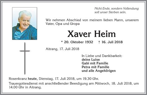 Traueranzeigen Von Xaver Heim Augsburger Allgemeine Zeitung