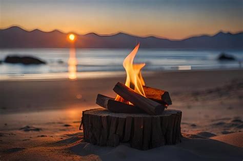 Premium AI Image | a fire burns on a beach at sunset.