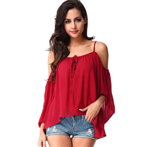 Young17 Girls Summer Red Strap Shirt Women Backless Blouse Slash Neck