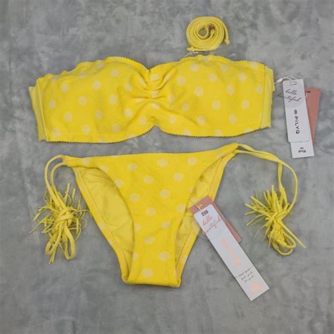 Pilyq Swim Pilyq Yellow Dot Scalloped Bandeau Top And Tie Teeny Bikini Bottom Size Small