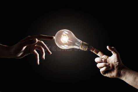 Hand Pointing Light Bulb Mixed Media Stock Image Image Of Future