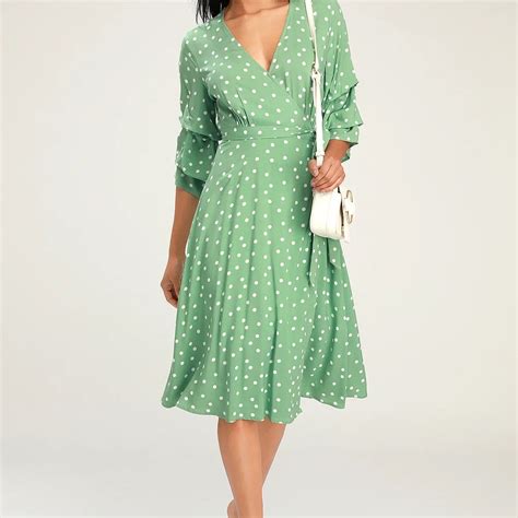 Lulus Socialite Sage Green White Polka Dot Dress Gem