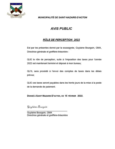 Avis Public Municipalit De Saint Nazaire D Acton