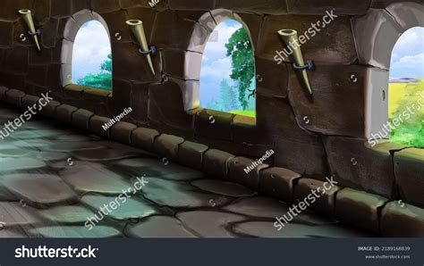 Stone Gallery Medieval Castle Digital Painting Stock Illustration