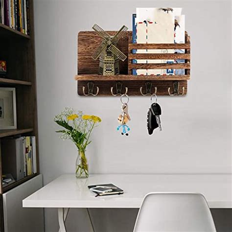 Entryway Mail Envelope Organizer With 4 Key Hooks Wall Mounted Rustic