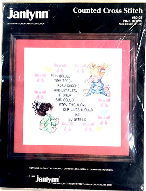 Janlynn Vintage 1988 Cross Stitch Kit PINK BOWS 14 Count Baby Girl