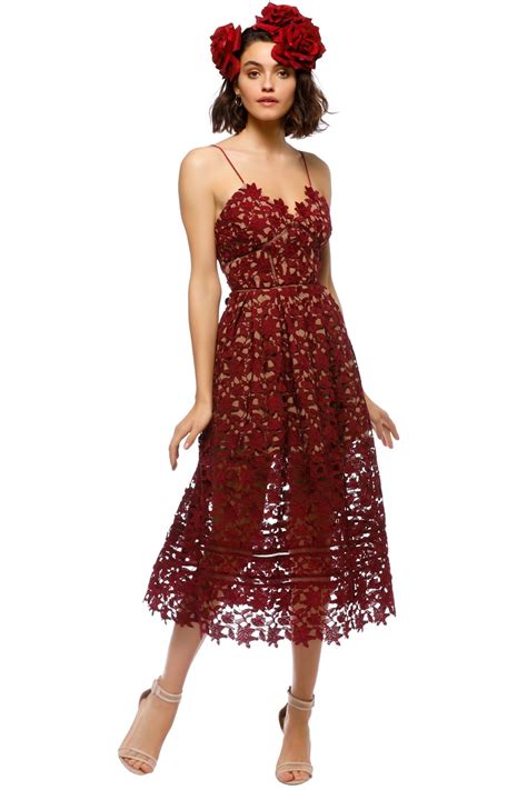 Azalea Lace Midi Dress In Burgundy By Self Portrait For Rent