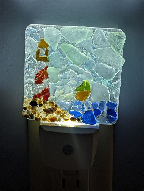 Sea Glass Art Led Nightlight Mosaic Lighthouse Scene Led Nightlight Handmade Sea Glass Led