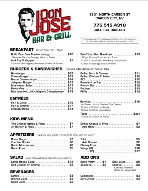 Carta De Don Joses Bar And Grill Carson City