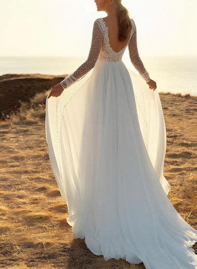 A Line V Neck Sleeves Chiffon Lace Sweep Train Wedding Dresses With