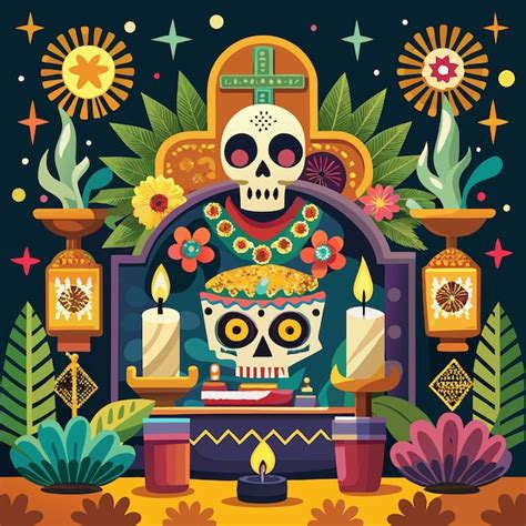 El altar y las ofrendas del día de los muertos Vector Premium