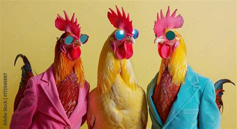 Surreal Fashion Concept Three Chickens Dressed In Colorful Suits And