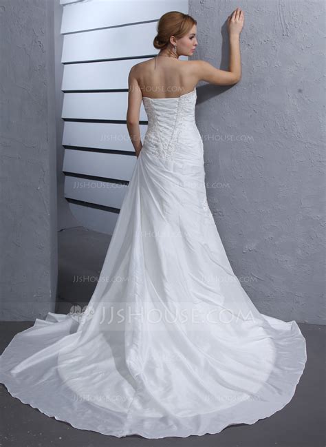 A Line Princess Strapless Chapel Train Taffeta Wedding Dress With