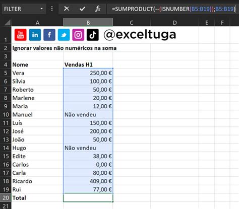Somar N Meros E Ignorar C Lulas De Texto Sumproduct E Isnumber