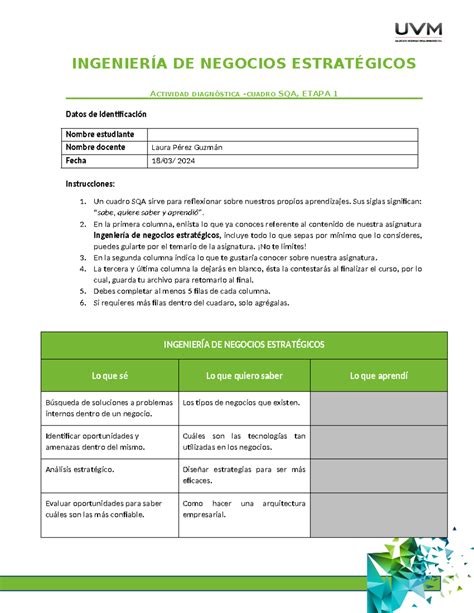 Cuadro Sqa E Ingenier A De Negocios Estrat Gicos Actividad