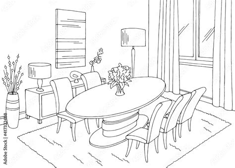 Dining room home interior graphic black white sketch illustration ...