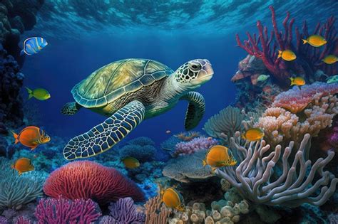 Premium Photo | Coral reef in color with numerous fish and a sea turtle